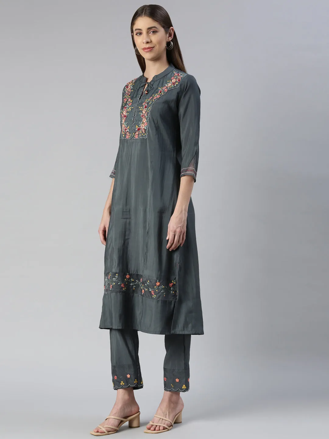 Neeru's Women Grey Yoke Design Calf Length Kurta And Trousers With Dupatta