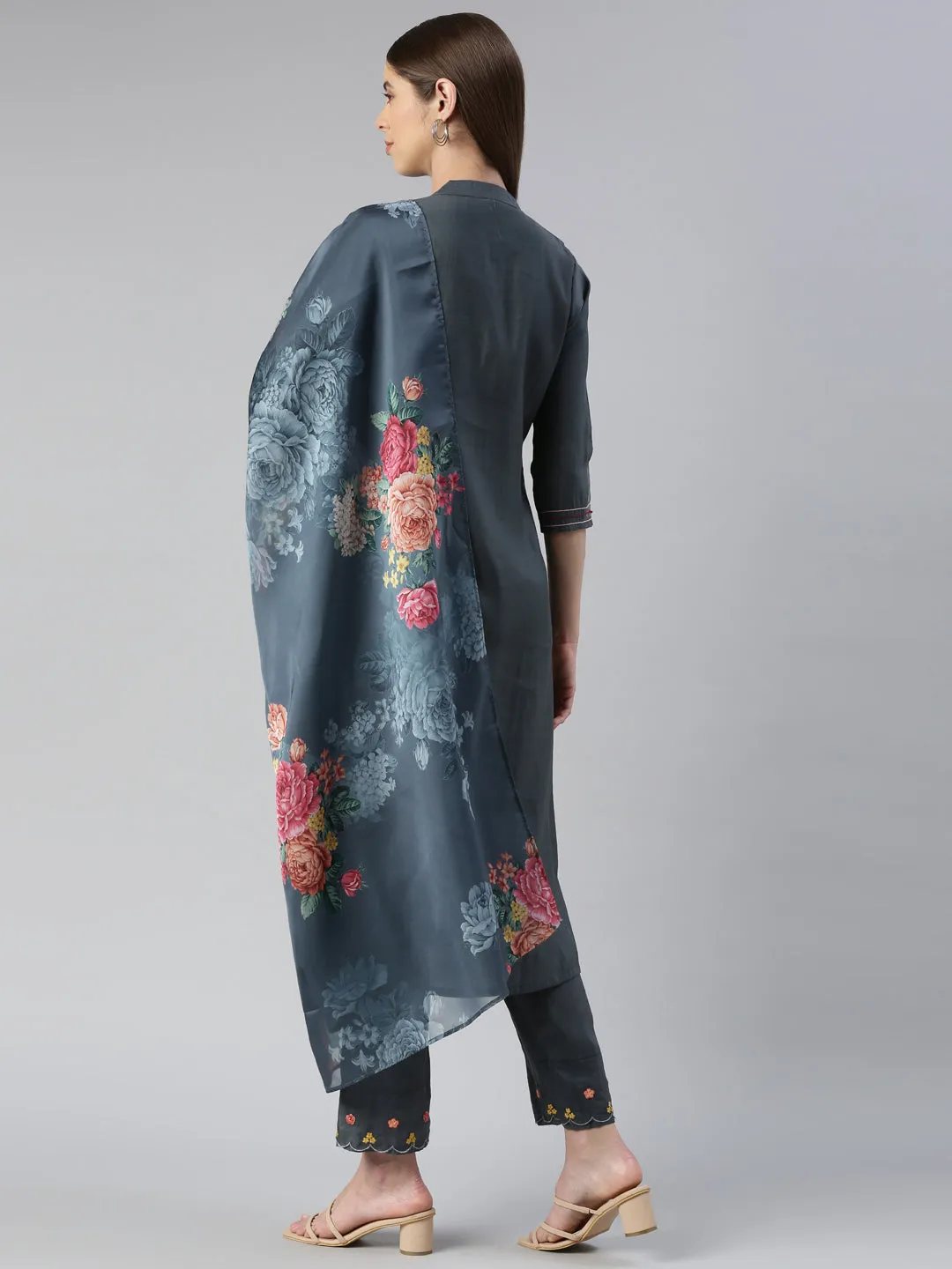 Neeru's Women Grey Yoke Design Calf Length Kurta And Trousers With Dupatta