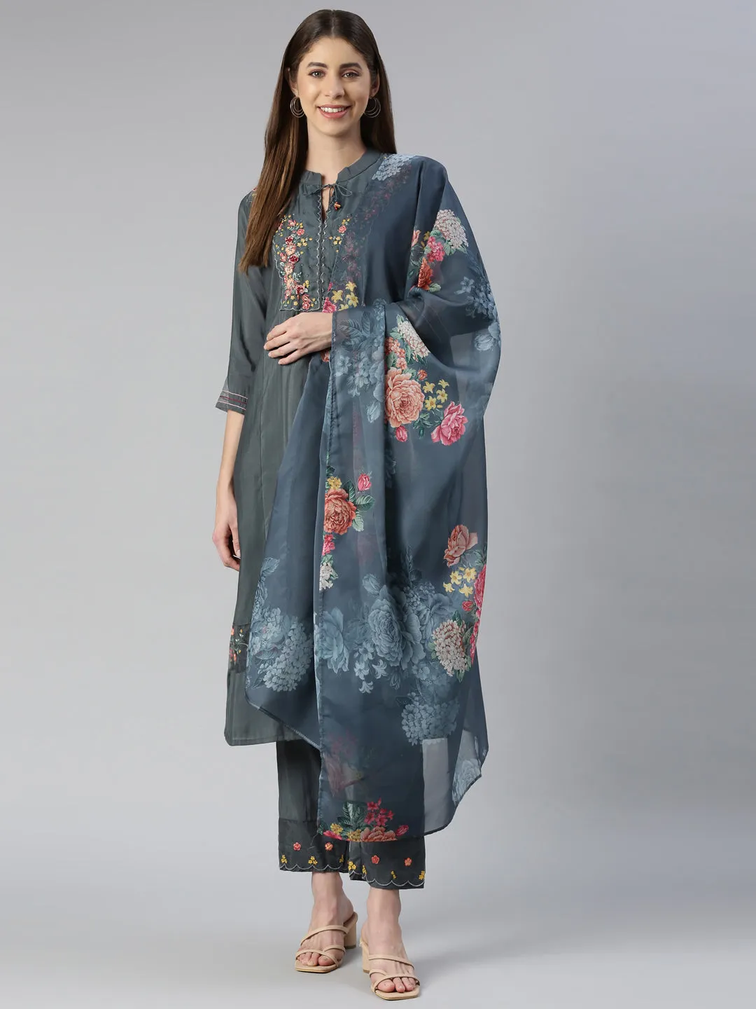 Neeru's Women Grey Yoke Design Calf Length Kurta And Trousers With Dupatta