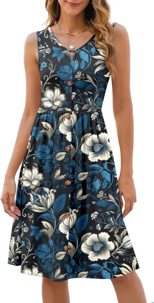 NILOUFO Women's Summer Casual Midi Dress Sleeveless V Neck A-Line Dresses Swing Button Down Beach Sundresses