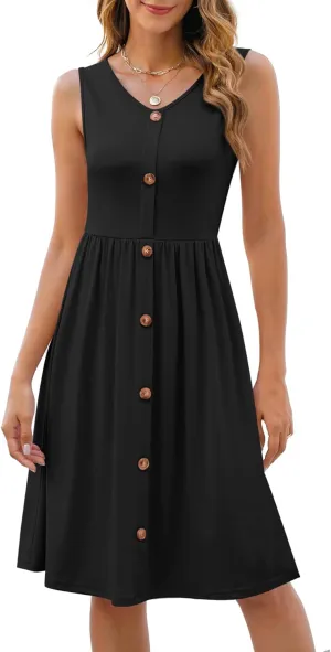 NILOUFO Women's Summer Casual Midi Dress Sleeveless V Neck A-Line Dresses Swing Button Down Beach Sundresses