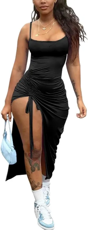 Nimsruc Womens Sexy Summer Dresses Spaghetti Strap Thigh-high Slit Ruched Bodycon Maxi Club Cocktail Party Dress