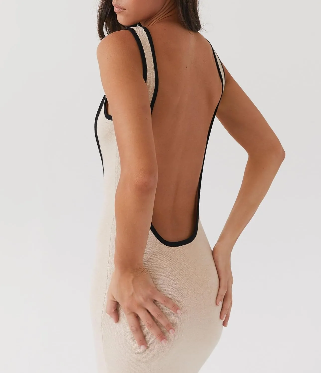 NUFIWI Women Hollow Out Backless Maxi Dress Knitted Spaghetti Strap Bandage Long Dresses Low Cut Bodycon Party Dress