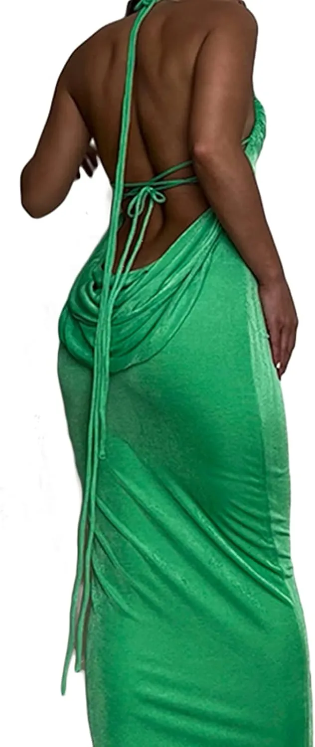 NUFIWI Women Hollow Out Backless Maxi Dress Knitted Spaghetti Strap Bandage Long Dresses Low Cut Bodycon Party Dress