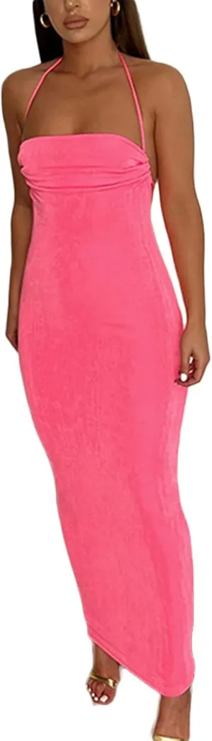 NUFIWI Women Hollow Out Backless Maxi Dress Knitted Spaghetti Strap Bandage Long Dresses Low Cut Bodycon Party Dress