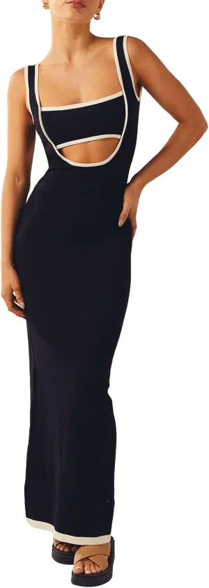 NUFIWI Women Hollow Out Backless Maxi Dress Knitted Spaghetti Strap Bandage Long Dresses Low Cut Bodycon Party Dress