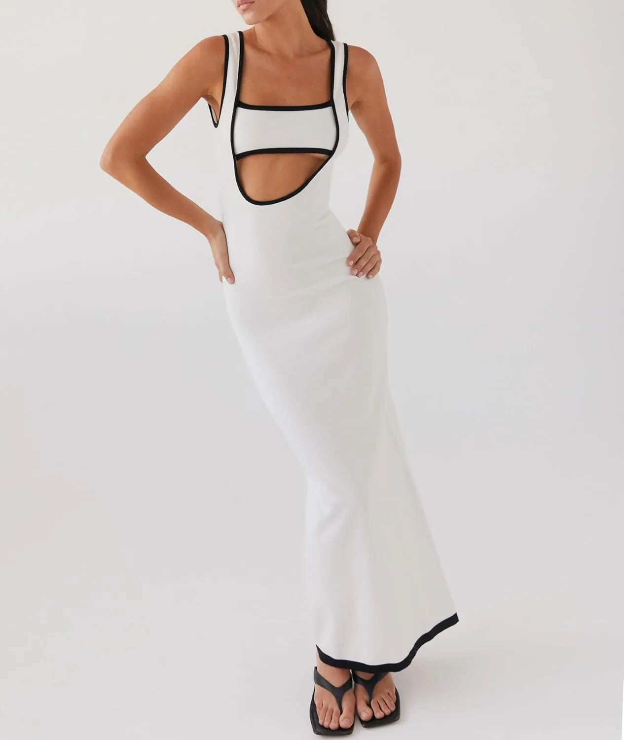 NUFIWI Women Hollow Out Backless Maxi Dress Knitted Spaghetti Strap Bandage Long Dresses Low Cut Bodycon Party Dress
