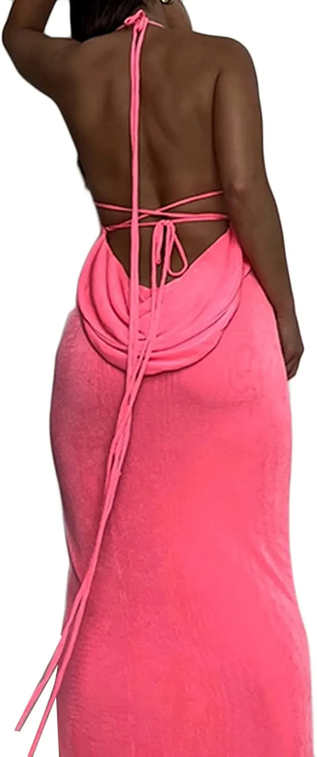 NUFIWI Women Hollow Out Backless Maxi Dress Knitted Spaghetti Strap Bandage Long Dresses Low Cut Bodycon Party Dress