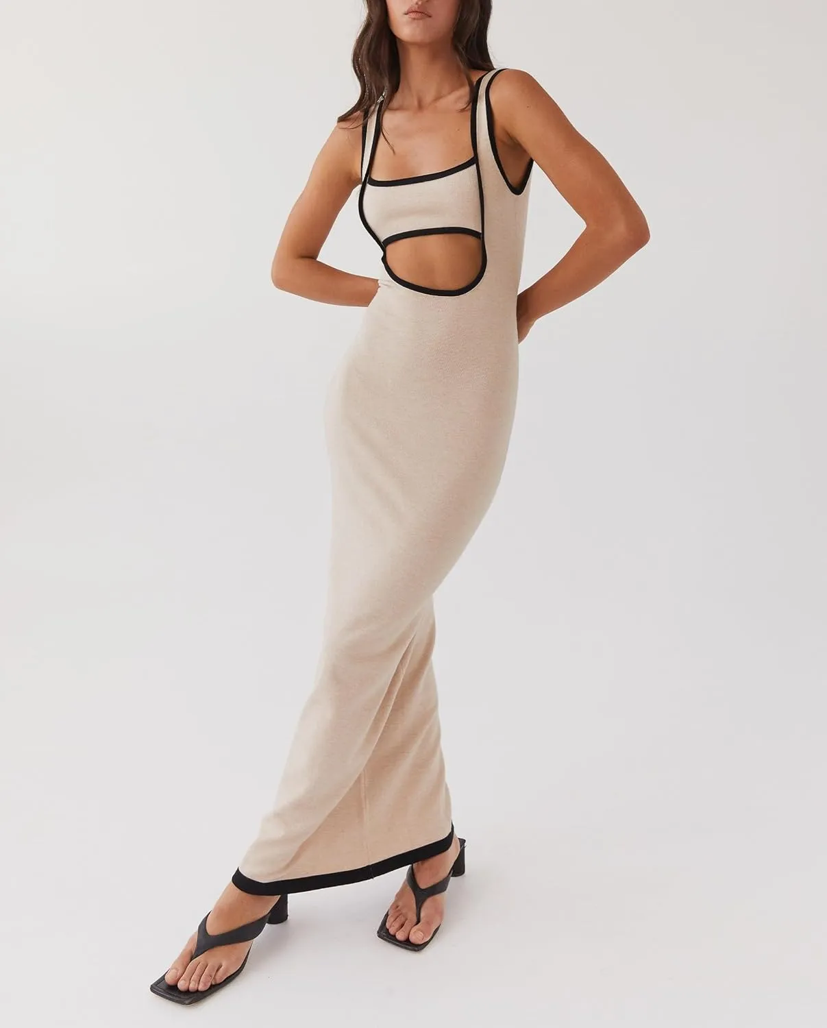 NUFIWI Women Hollow Out Backless Maxi Dress Knitted Spaghetti Strap Bandage Long Dresses Low Cut Bodycon Party Dress