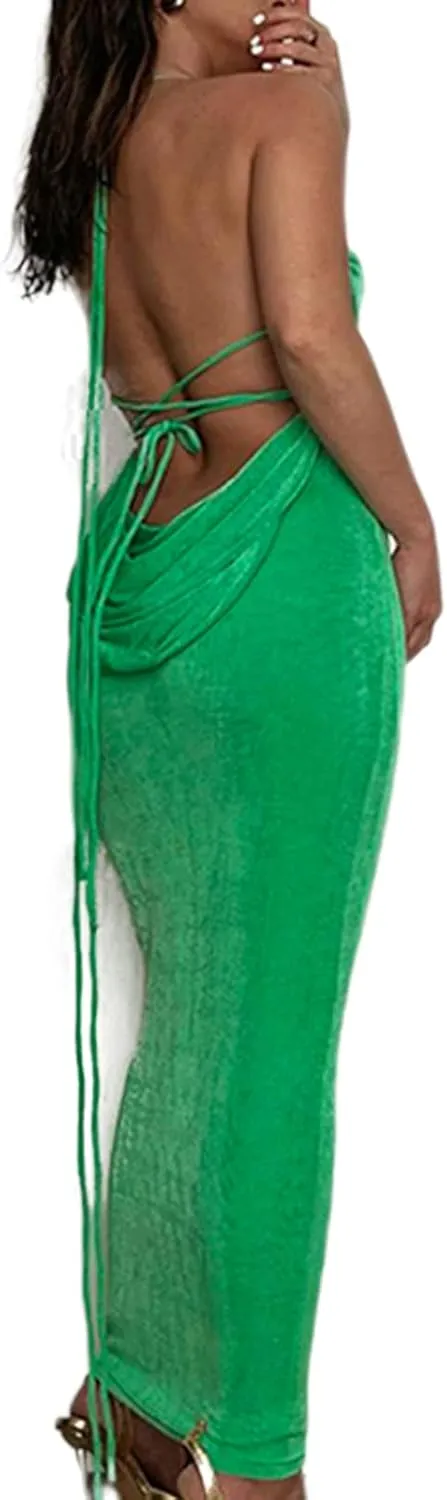 NUFIWI Women Hollow Out Backless Maxi Dress Knitted Spaghetti Strap Bandage Long Dresses Low Cut Bodycon Party Dress