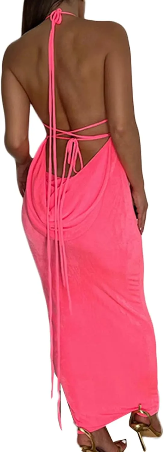 NUFIWI Women Hollow Out Backless Maxi Dress Knitted Spaghetti Strap Bandage Long Dresses Low Cut Bodycon Party Dress
