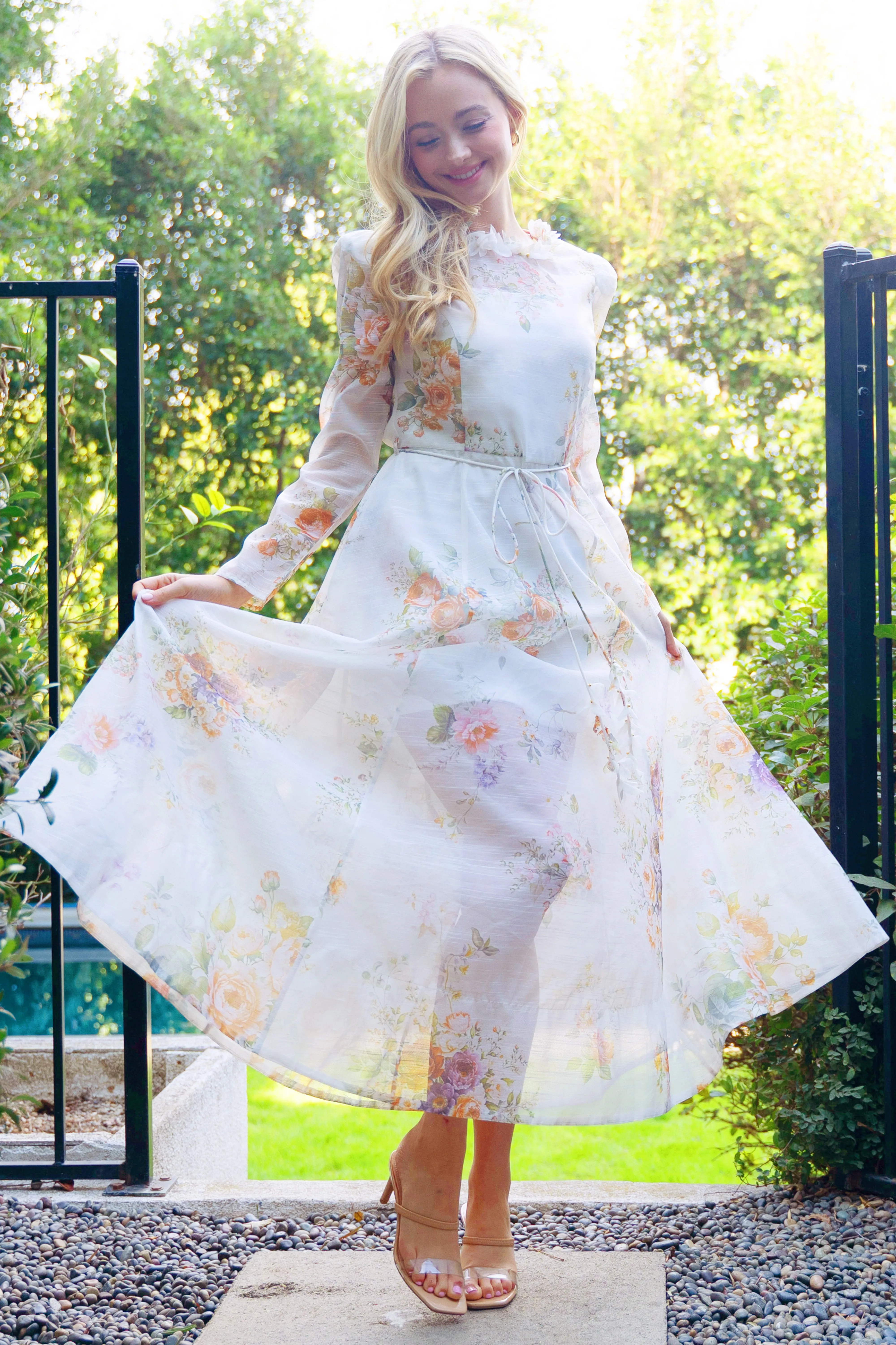 Off-White Floral Maxi Dress with Long Sleeves and Adjustable Waist Belt