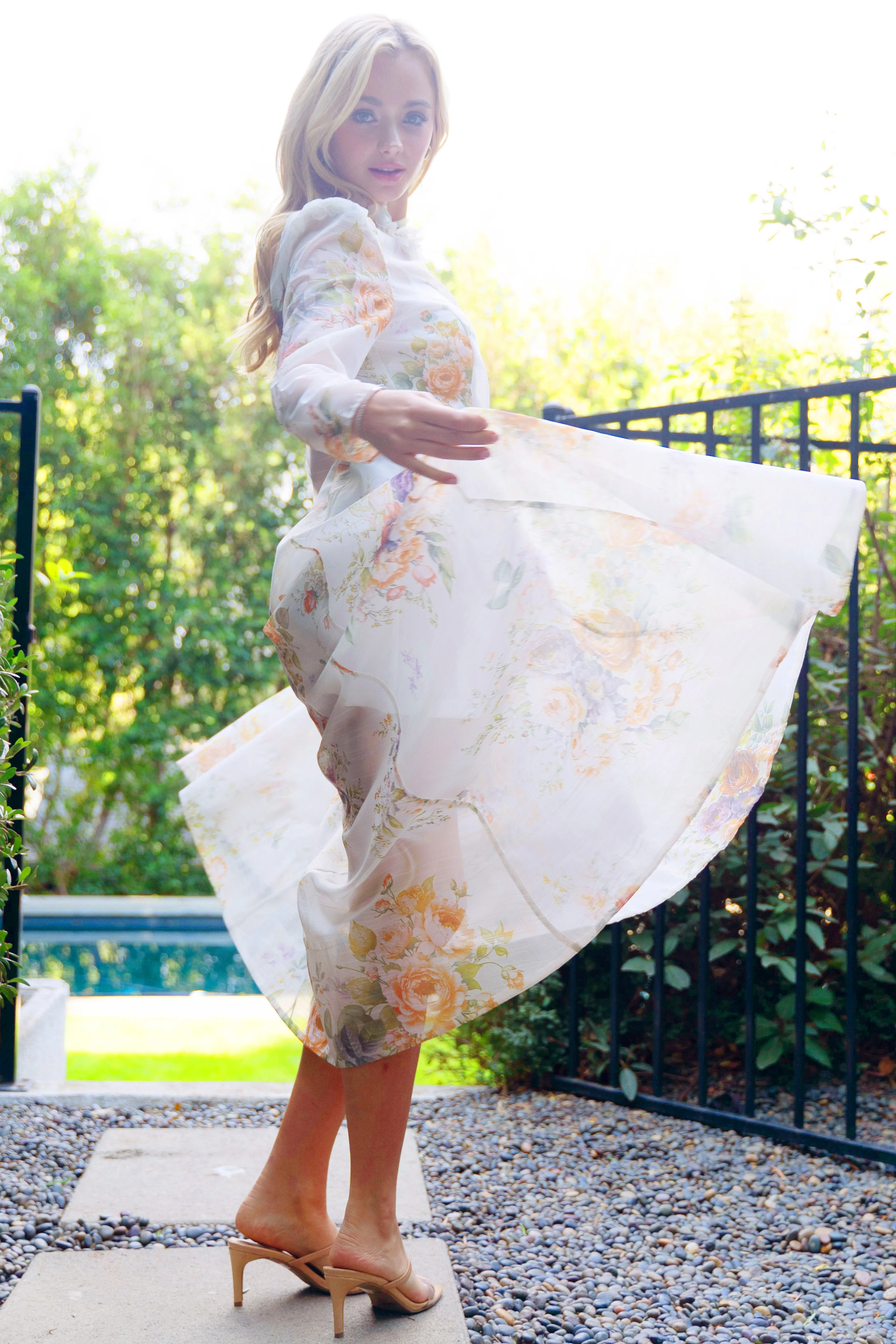 Off-White Floral Maxi Dress with Long Sleeves and Adjustable Waist Belt