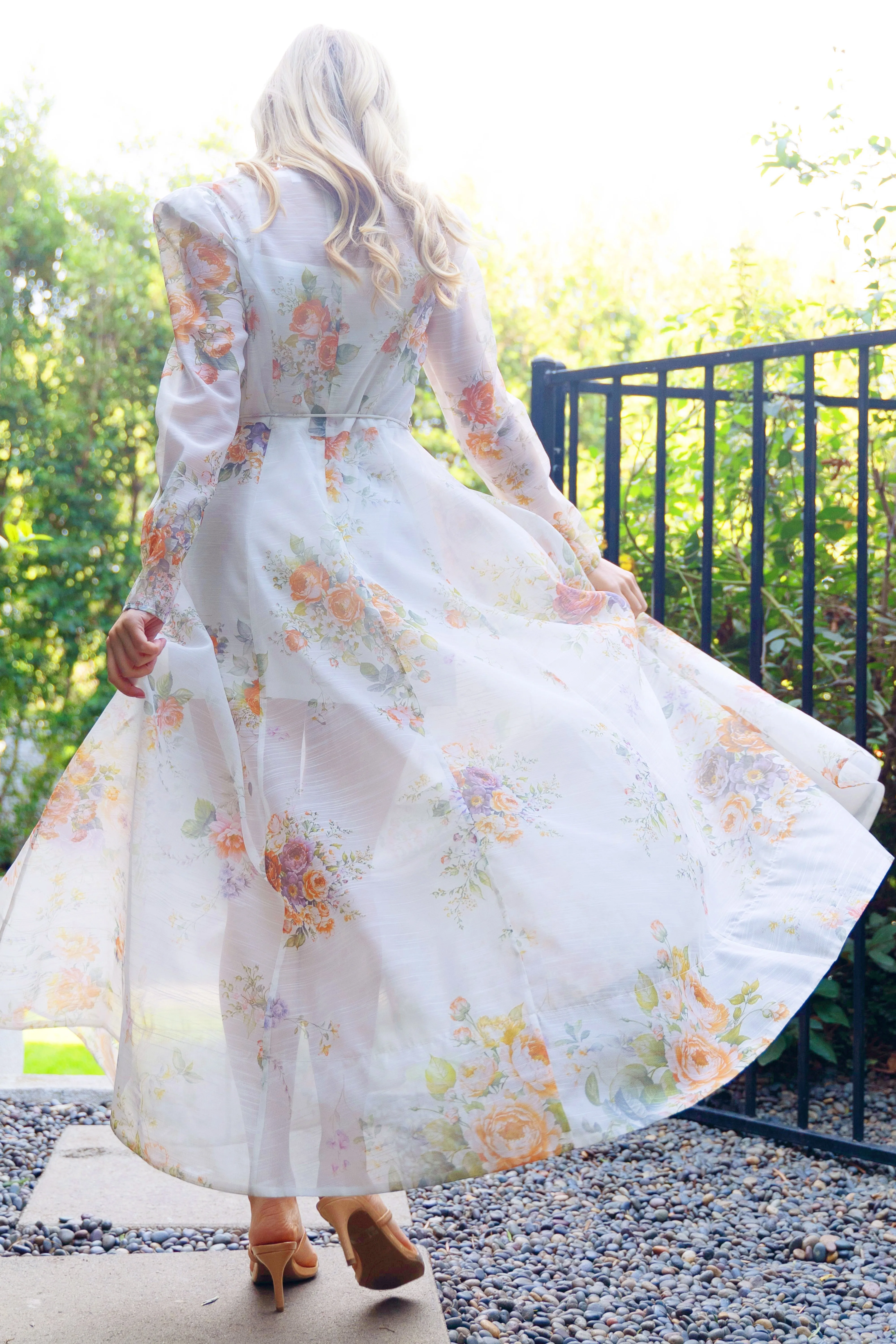 Off-White Floral Maxi Dress with Long Sleeves and Adjustable Waist Belt