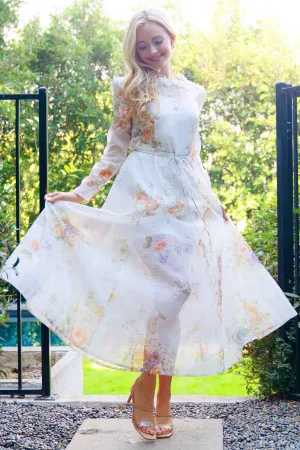 Off-White Floral Maxi Dress with Long Sleeves and Adjustable Waist Belt