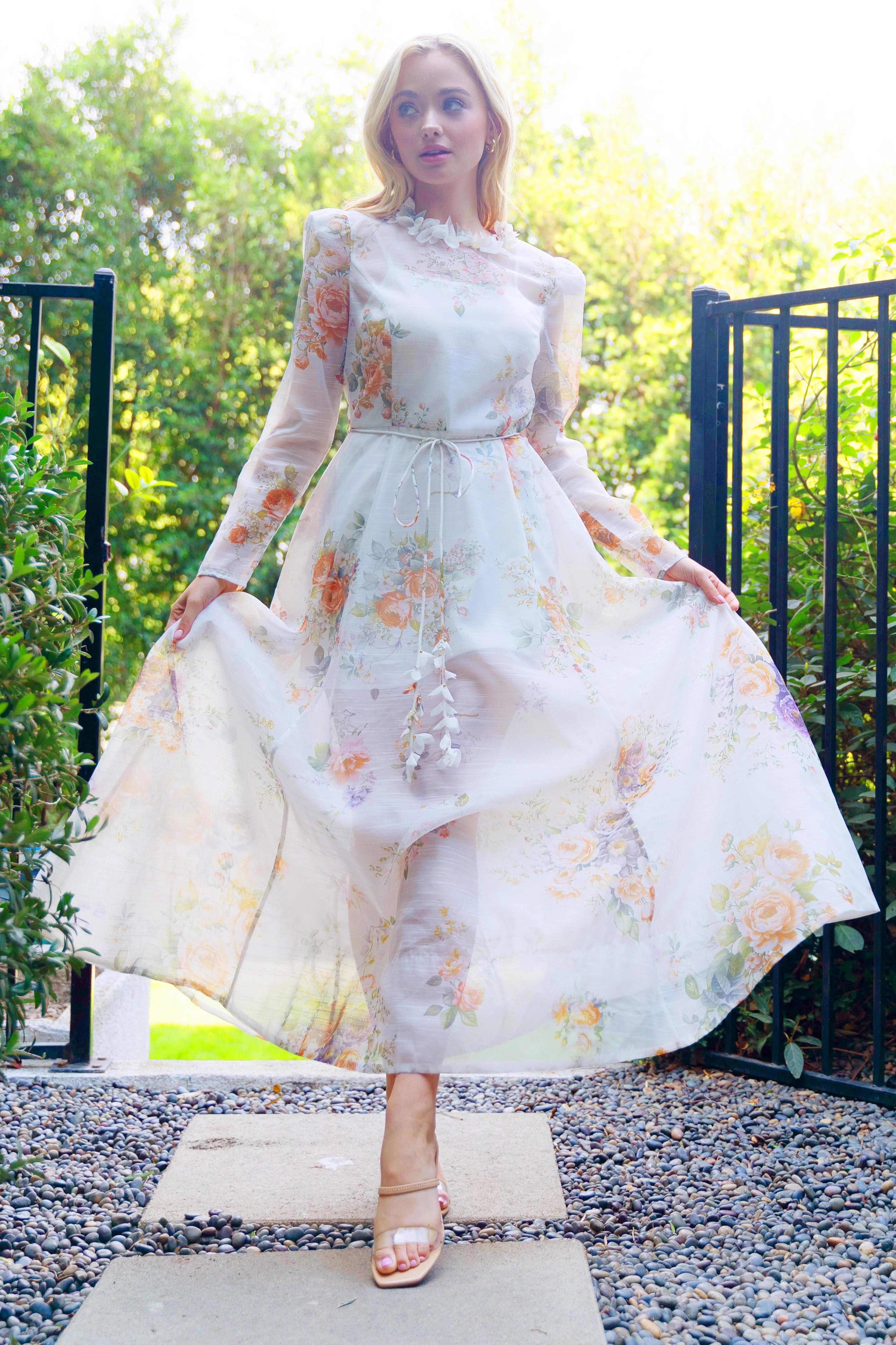 Off-White Floral Maxi Dress with Long Sleeves and Adjustable Waist Belt