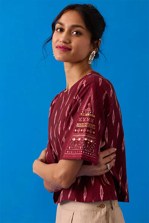 Okhai “Konark ” Hand-Embroidered Bead and Mirror work Ikkat Pure Cotton Top