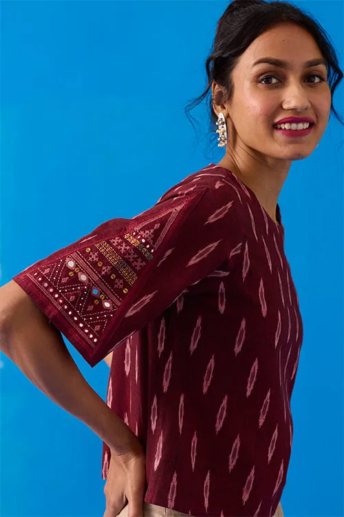 Okhai “Konark ” Hand-Embroidered Bead and Mirror work Ikkat Pure Cotton Top