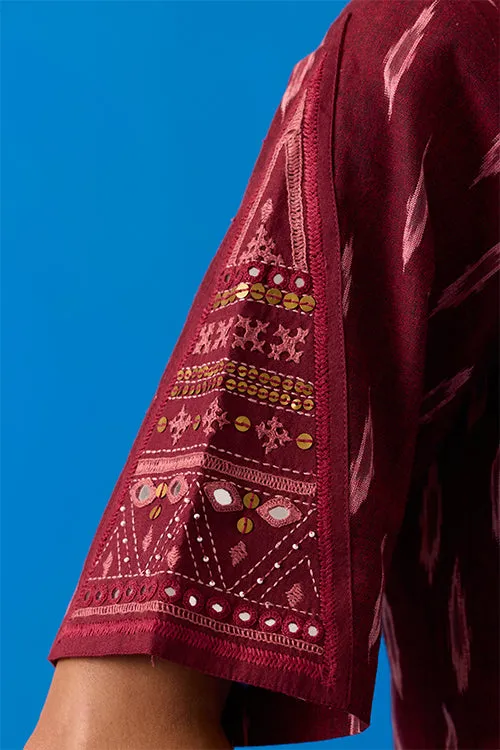 Okhai “Konark ” Hand-Embroidered Bead and Mirror work Ikkat Pure Cotton Top