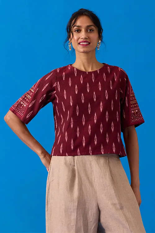Okhai “Konark ” Hand-Embroidered Bead and Mirror work Ikkat Pure Cotton Top