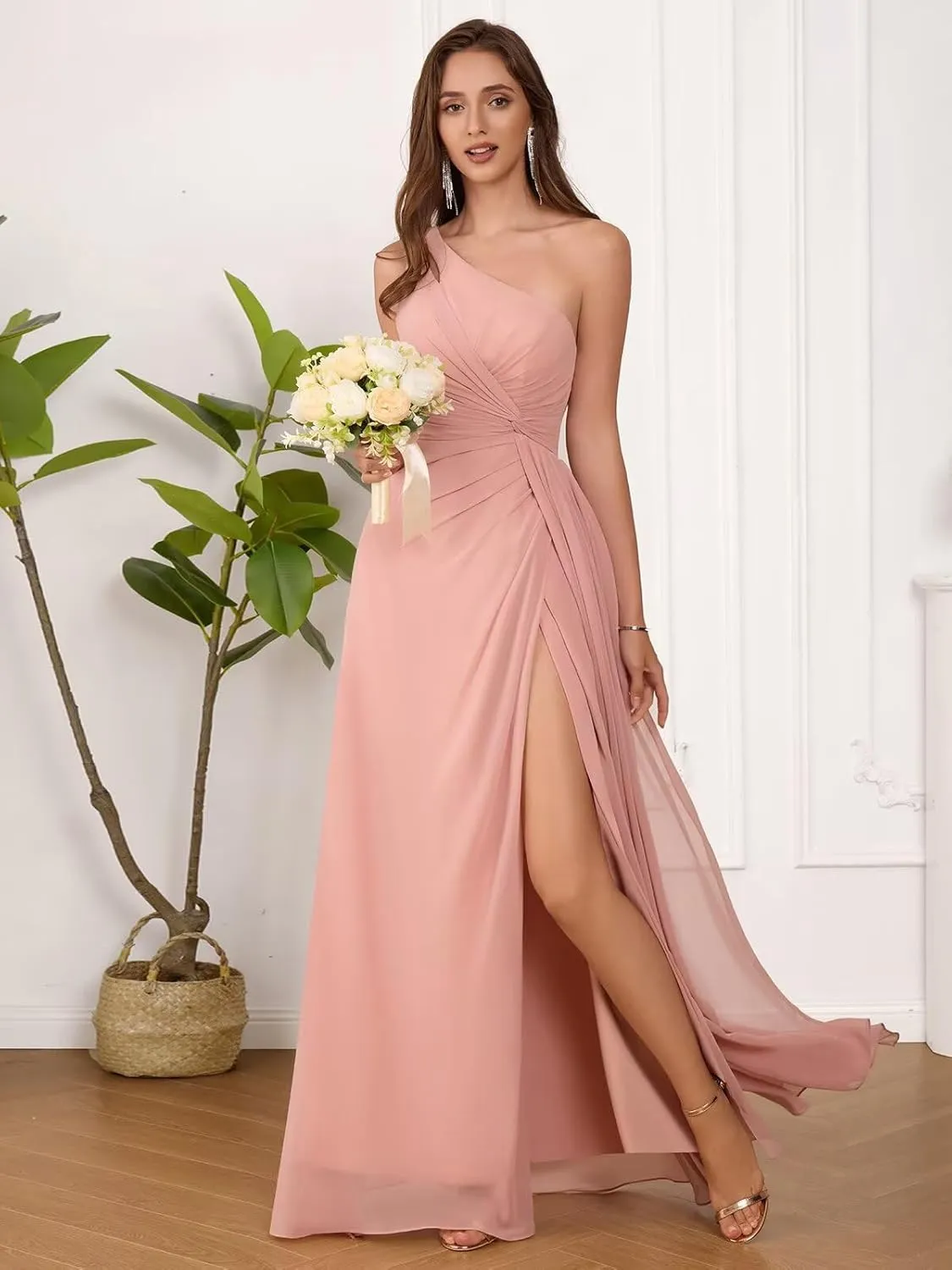 One Shoulder Bridesmaid Dresses with Slit Chiffon A Line Pleated Long Formal Dresses