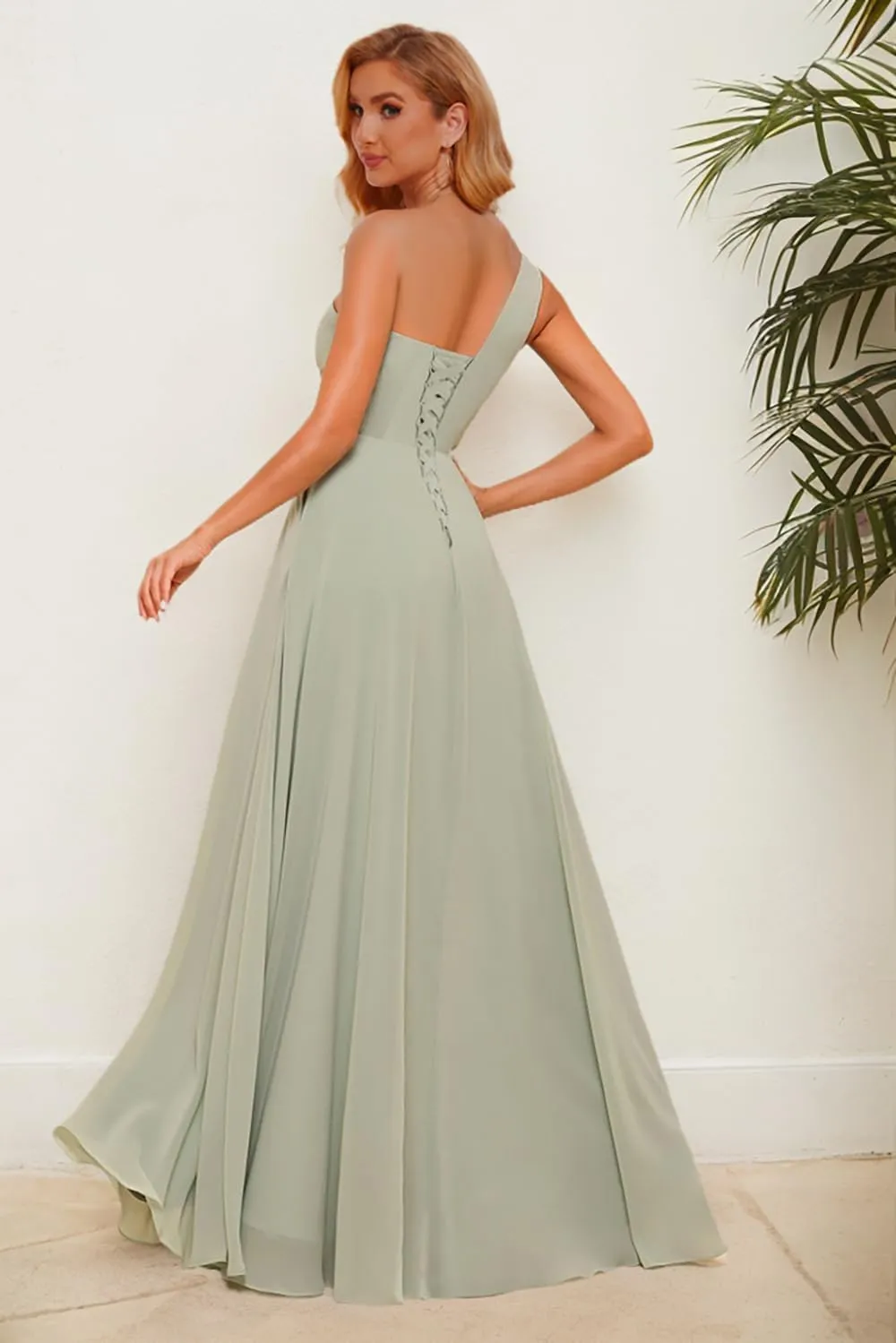 One Shoulder Bridesmaid Dresses with Slit Long Formal Dress for Women Corset Chiffon Evening Gown