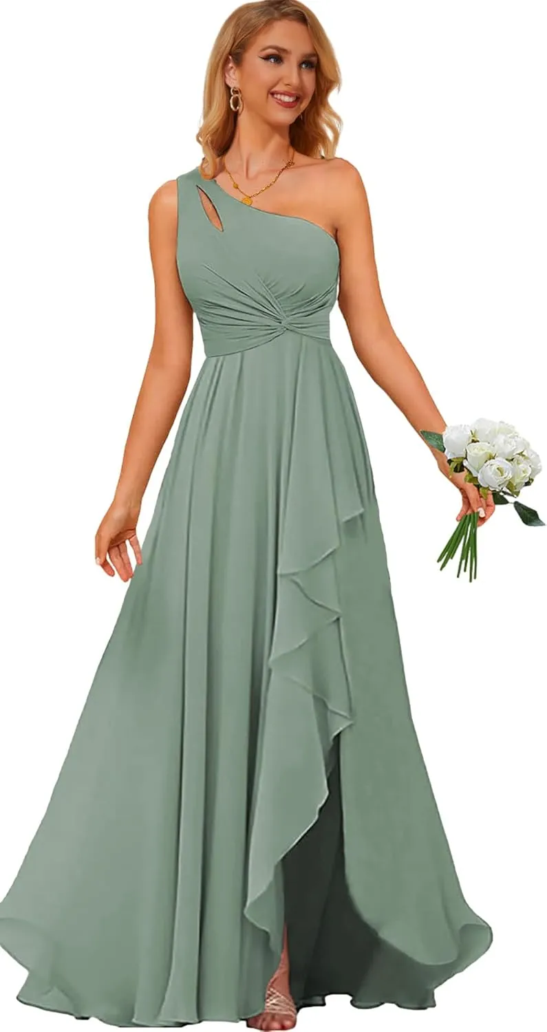 One Shoulder Bridesmaid Dresses with Slit Long Formal Dress for Women Corset Chiffon Evening Gown