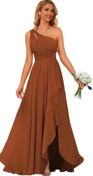 One Shoulder Bridesmaid Dresses with Slit Long Formal Dress for Women Corset Chiffon Evening Gown