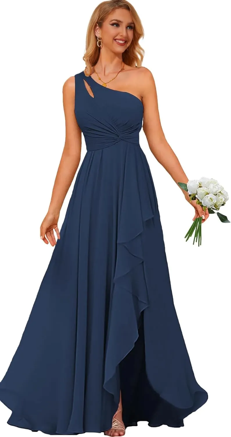 One Shoulder Bridesmaid Dresses with Slit Long Formal Dress for Women Corset Chiffon Evening Gown