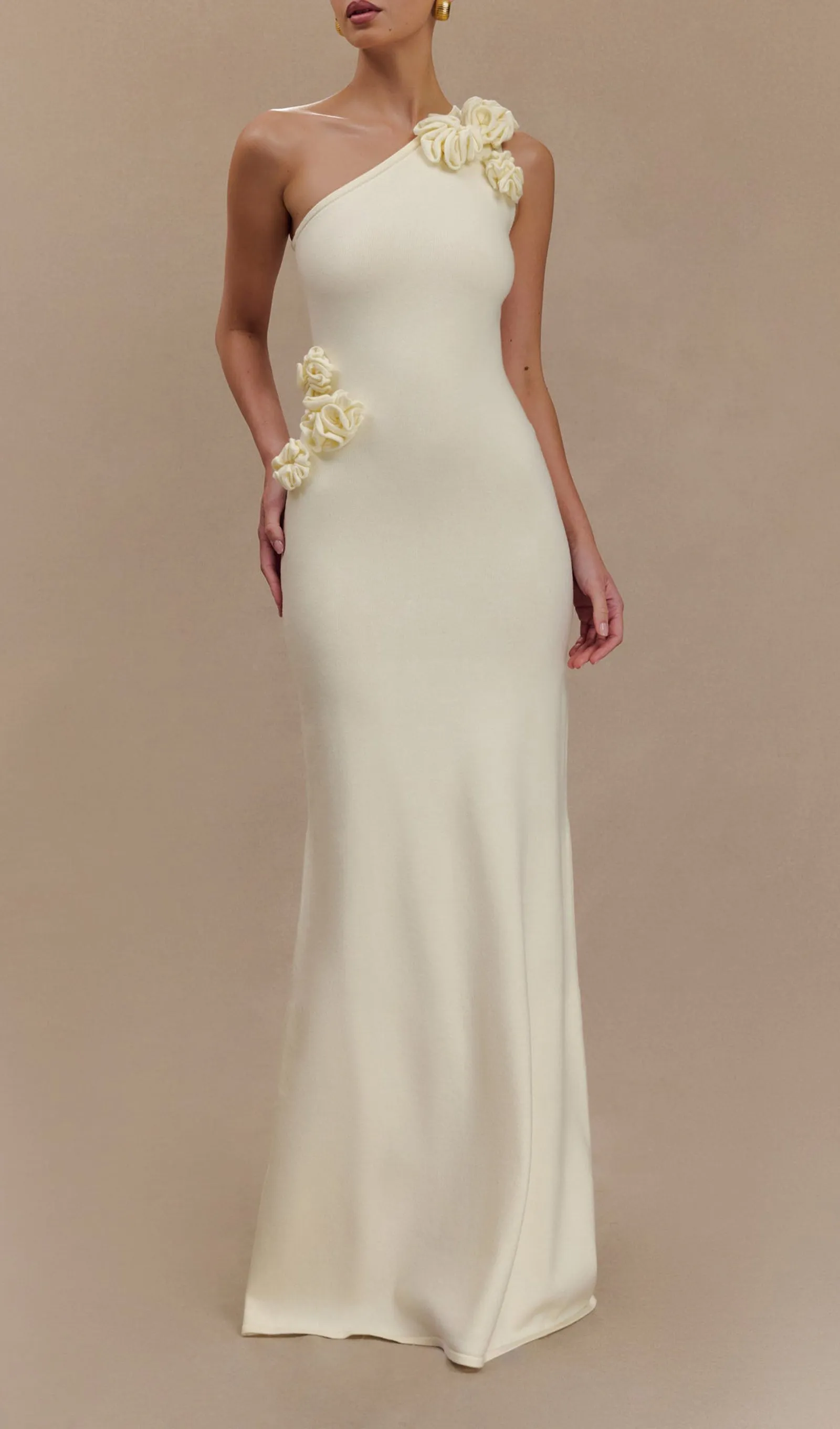 One Shoulder Flower Knit Maxi Dress - Ivory