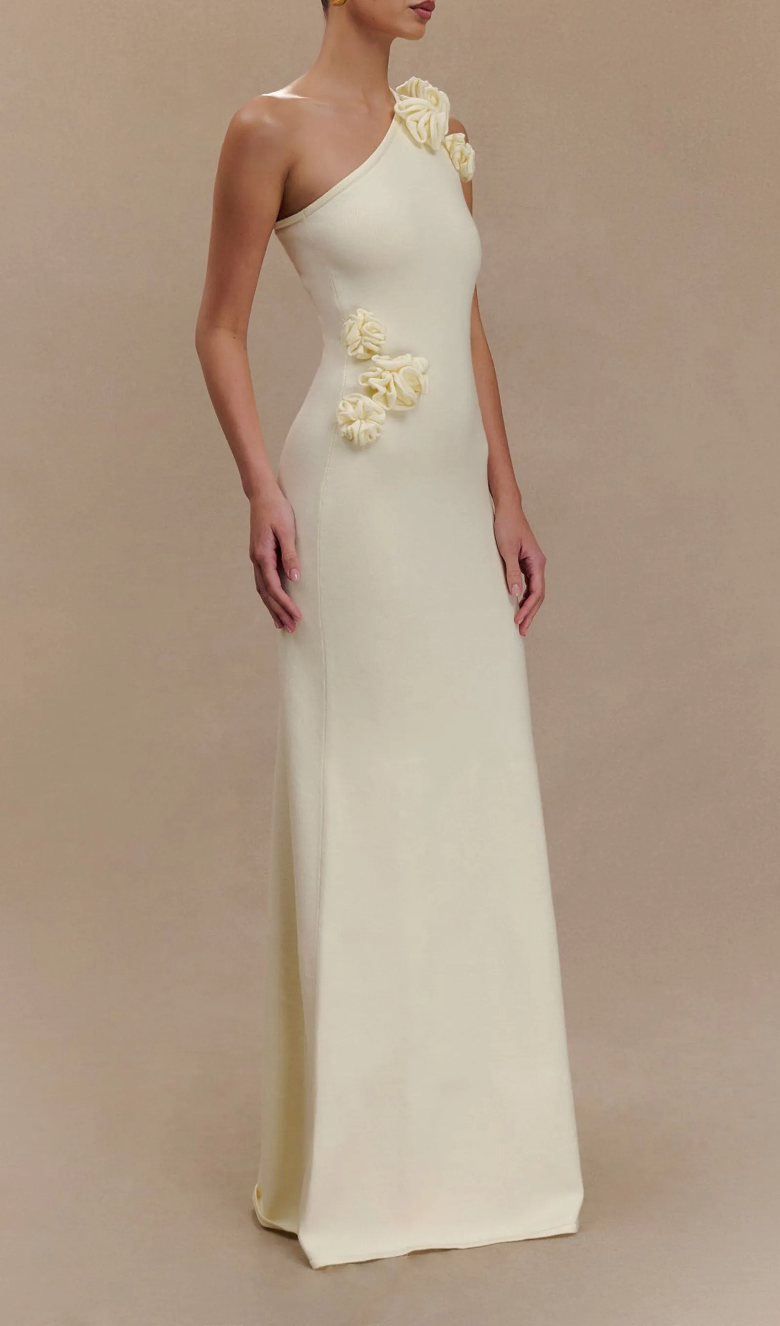 One Shoulder Flower Knit Maxi Dress - Ivory