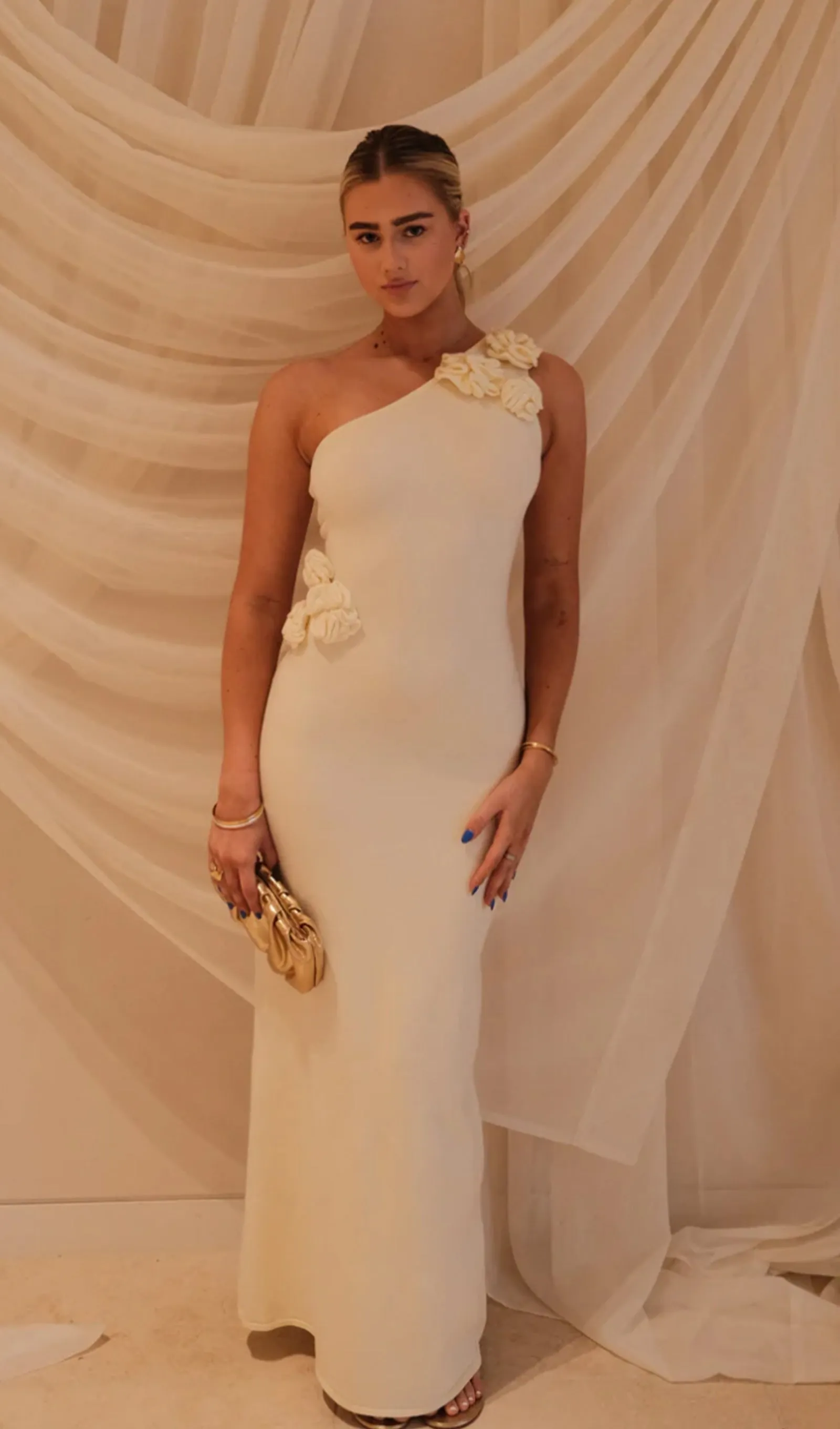 One Shoulder Flower Knit Maxi Dress - Ivory