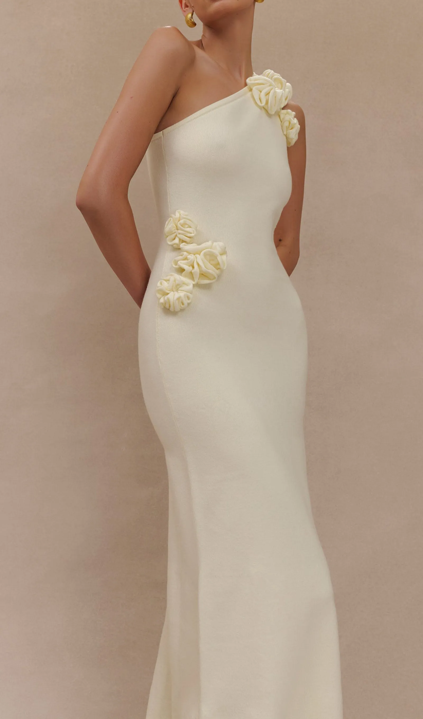 One Shoulder Flower Knit Maxi Dress - Ivory