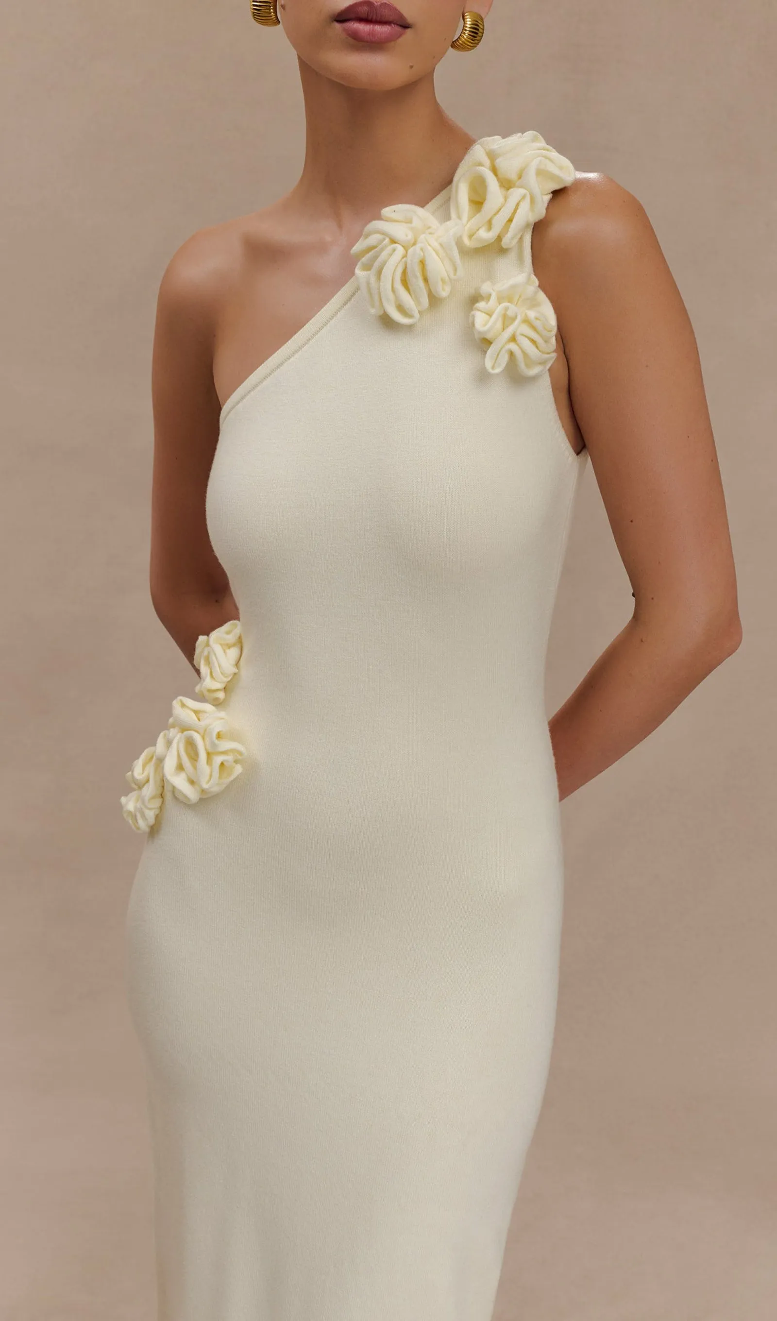 One Shoulder Flower Knit Maxi Dress - Ivory