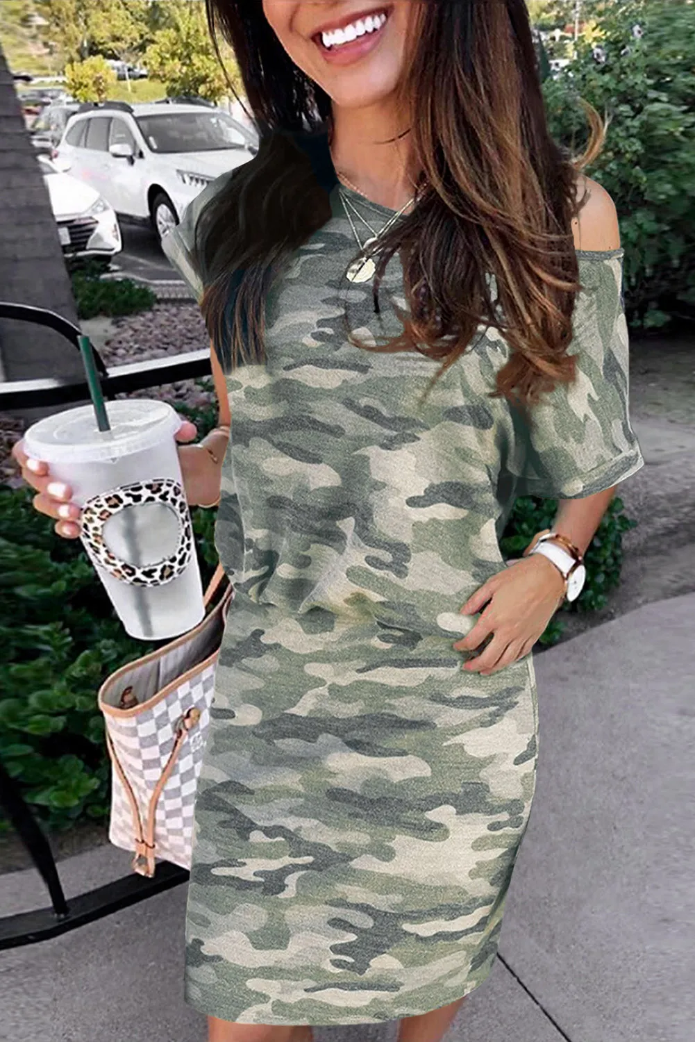 One Shoulder Short Sleeve Camo Mini Dress