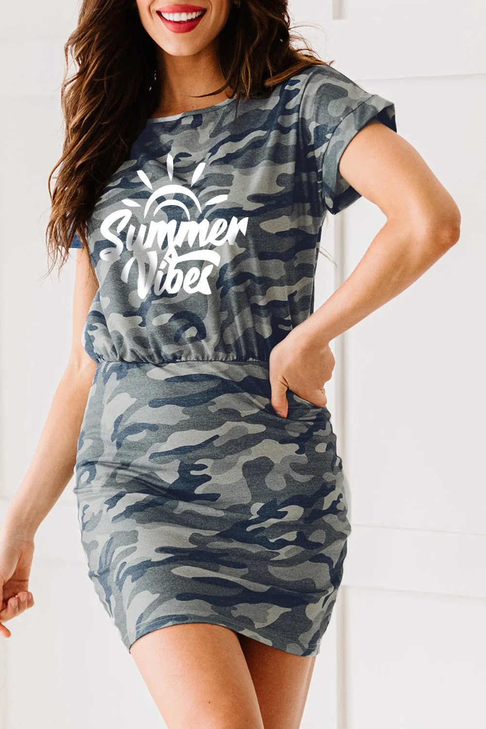 One Shoulder Short Sleeve Camo Mini Dress