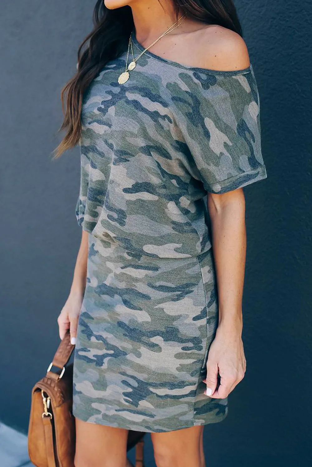 One Shoulder Short Sleeve Camo Mini Dress