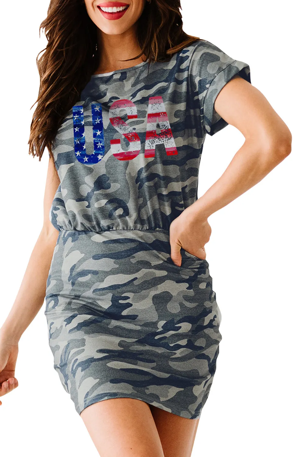One Shoulder Short Sleeve Camo Mini Dress