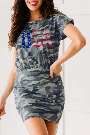 One Shoulder Short Sleeve Camo Mini Dress