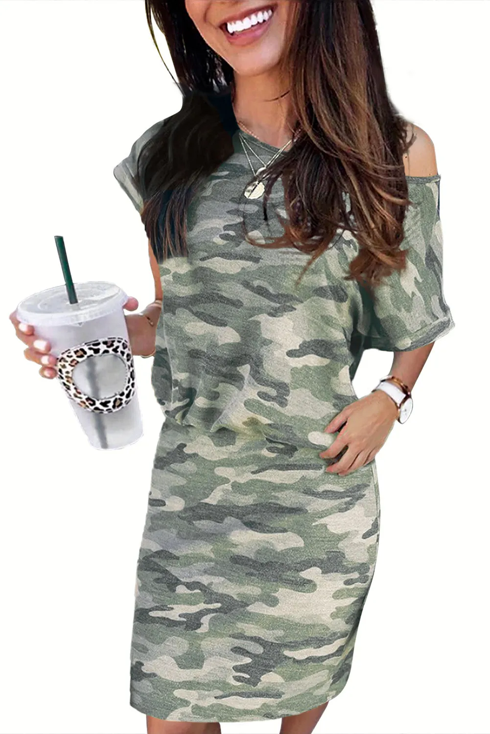 One Shoulder Short Sleeve Camo Mini Dress