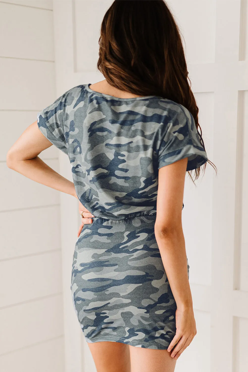 One Shoulder Short Sleeve Camo Mini Dress