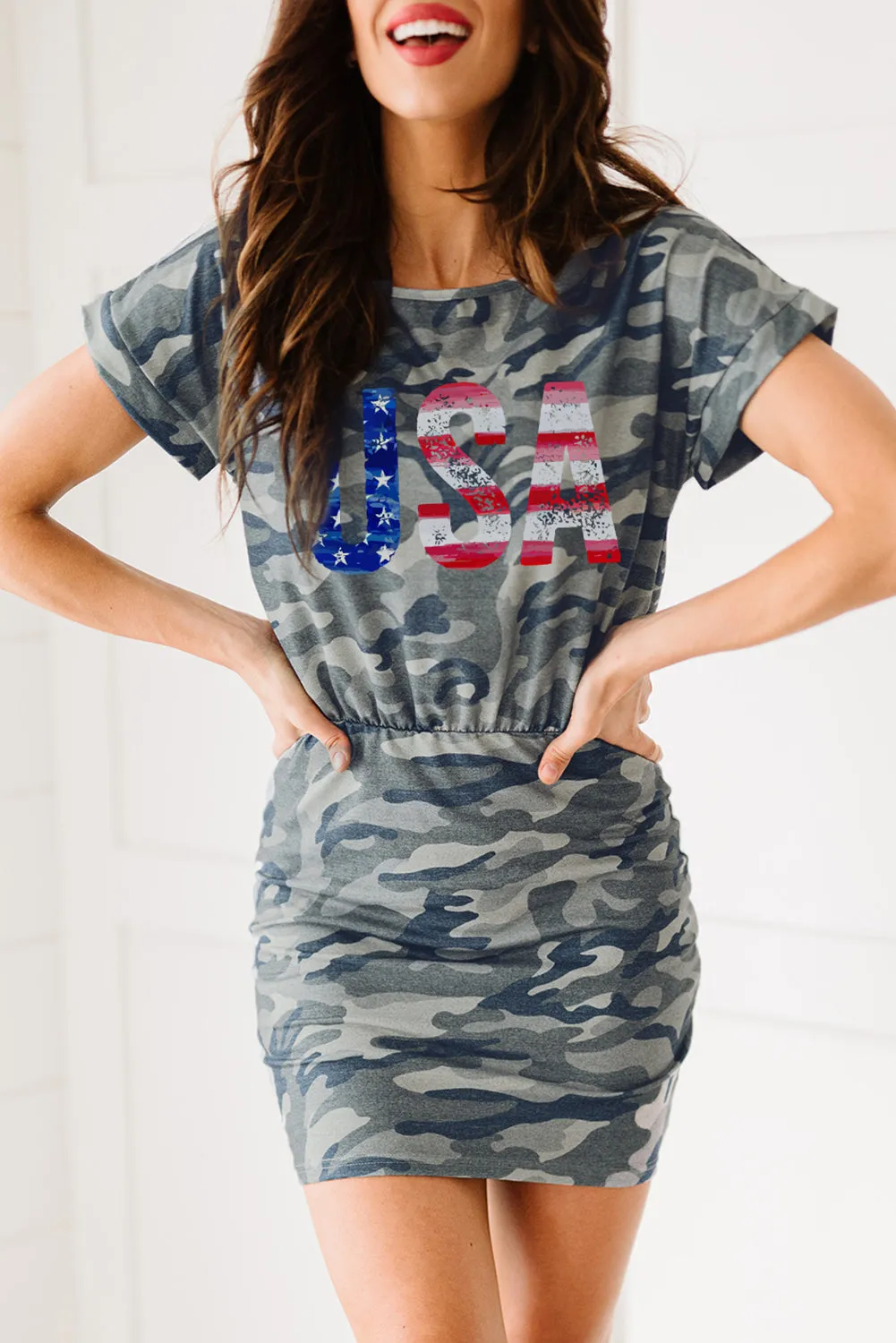 One Shoulder Short Sleeve Camo Mini Dress