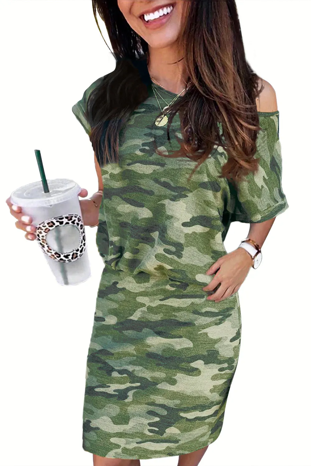 One Shoulder Short Sleeve Camo Mini Dress
