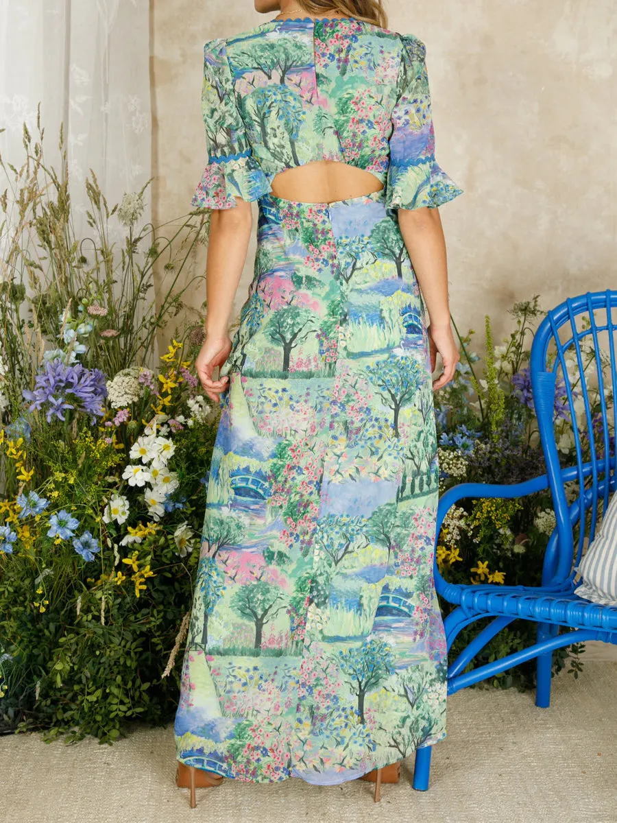 Open Back Printed V Neck Maxi Dress
