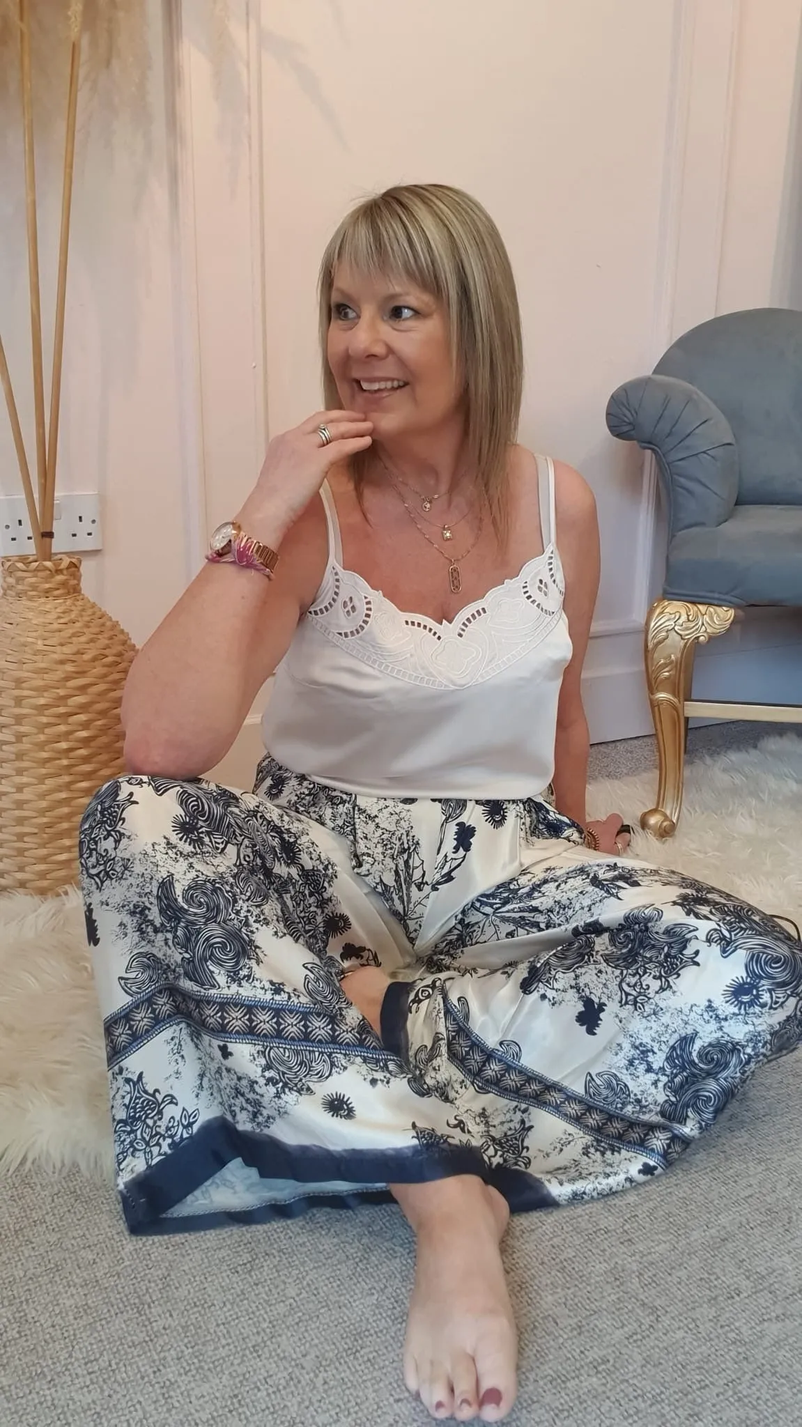 Oriental Design Wide Pant - Cream/Navy