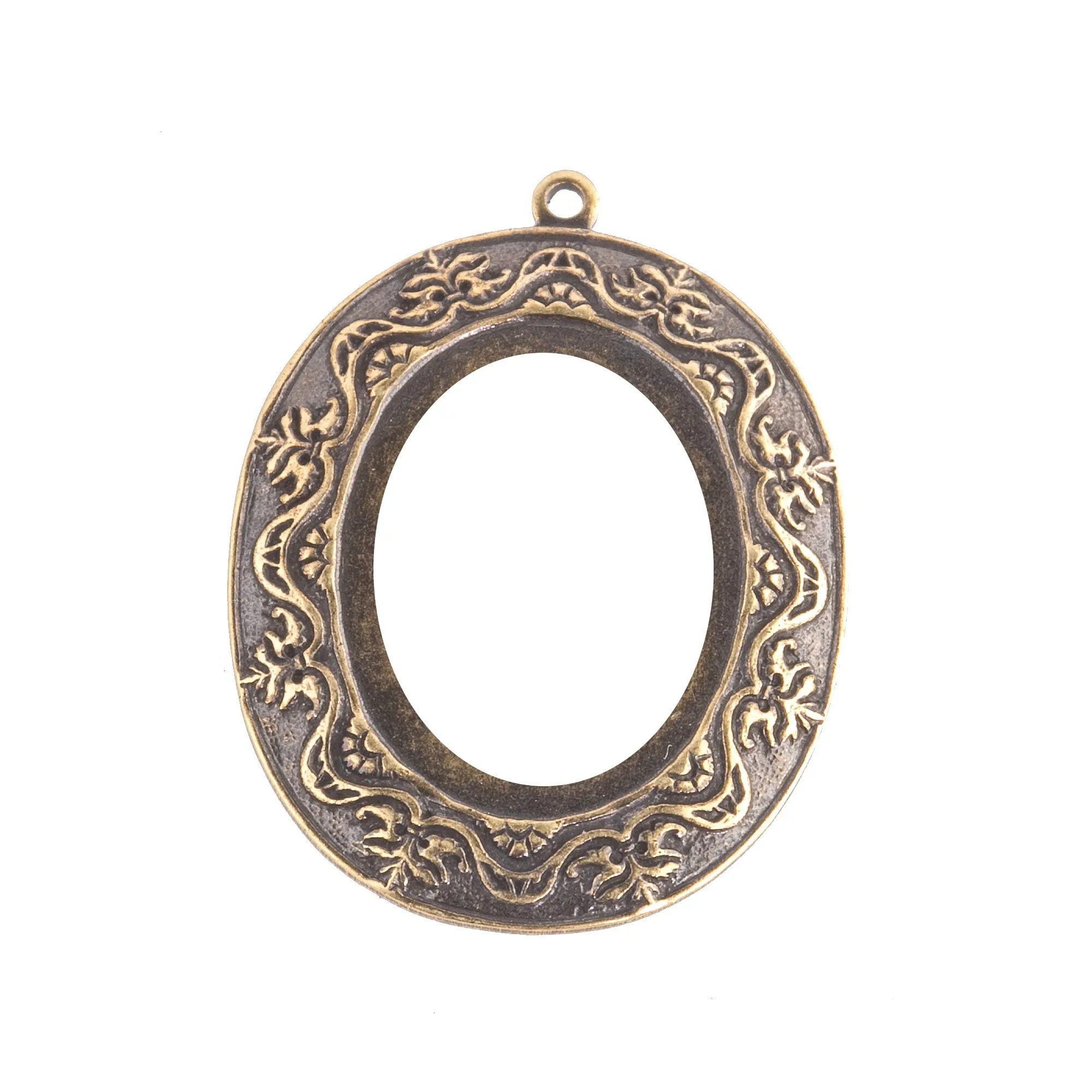 Ornate Victorian-Style Stamped Oxidized Brass Oval Frame Pendant Setting. 4 sizes. b9-0594
