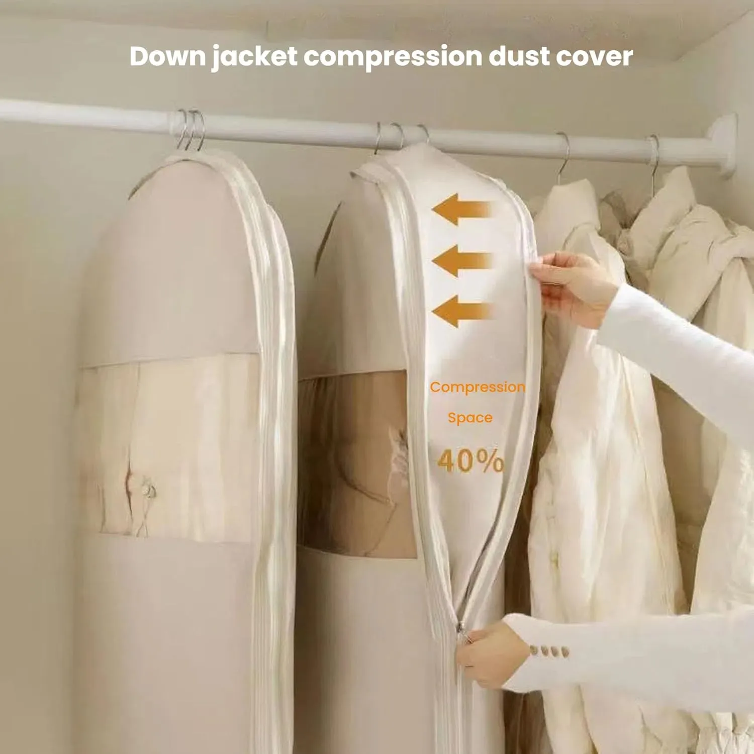 Otherwisie Hanging Garment Bag, Taprinferior 2025 Space Saving Hanging Garment Bag with Self Compression Zipper, Heavy-Duty Zipper Dust Cover Clothes Bags for down Coat, Jackets, Suit (beige, Medium)