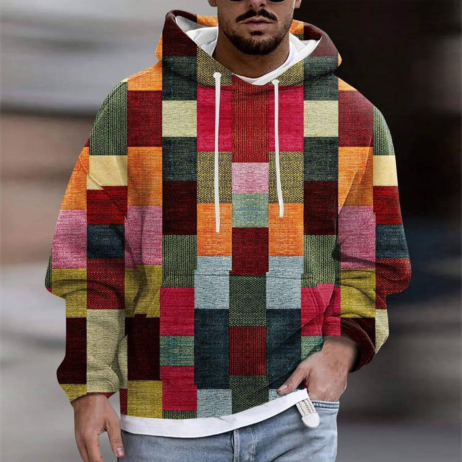 Oversized Hoodie Men Print Plush Warm Fleece Casual Pocket Sweater Winter Coat