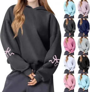 Oversized Hoodies for Women Cute Bow Trim Preppy Sweatshirts Long Sleeve Drop Shoulder Fleece Pullover Tops w/Pocket