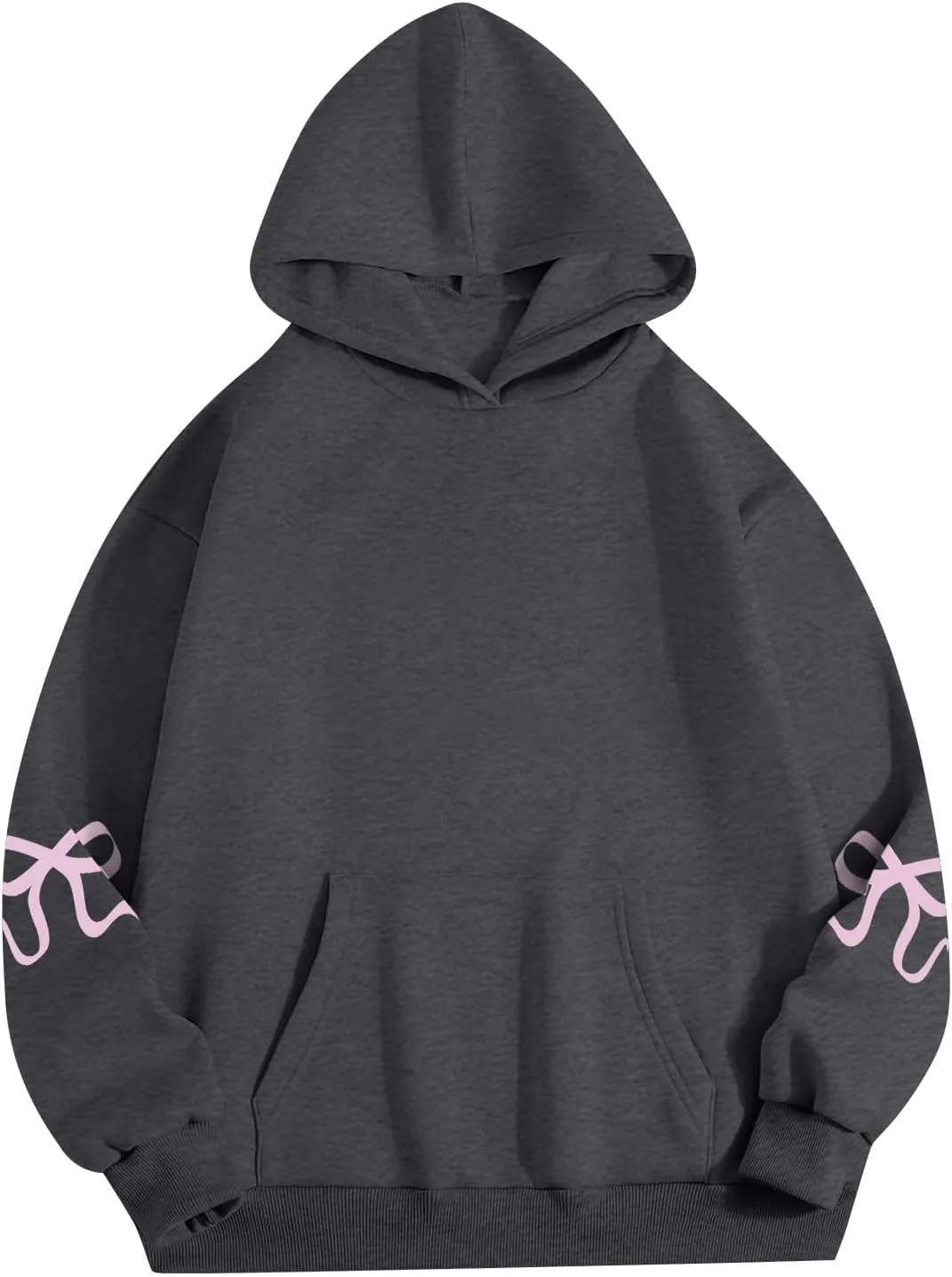 Oversized Hoodies for Women Cute Bow Trim Preppy Sweatshirts Long Sleeve Drop Shoulder Fleece Pullover Tops w/Pocket